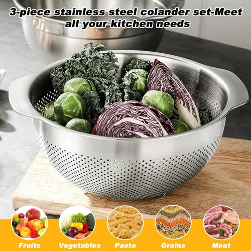 Vista 3 de Juego de 3 coladores de acero inoxidable para cocina, colador de pasta para arroz, alimentos, frutas, espaguetis y verduras