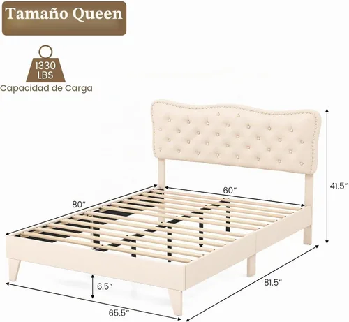 Vista 2 de Giantex Base de cama tamaño Queen color beige, plataforma tapizada de tela de lino con cabecera de clavos, base de colchón con botones y listones