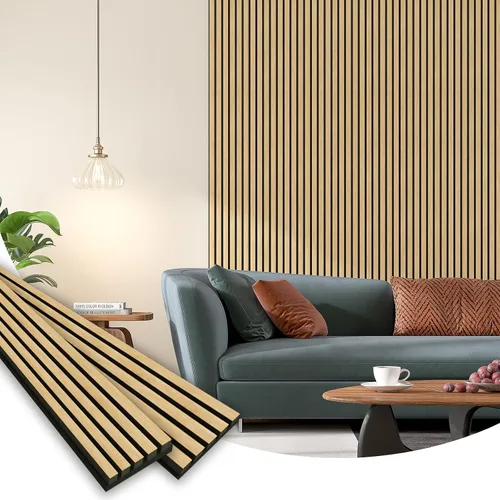 Vista 8 de SMARTSTANDARD Paneles de pared acústicos de muestra en madera, panel de pared insonorizado, panelado de listones de madera estriado en 3D para Roble