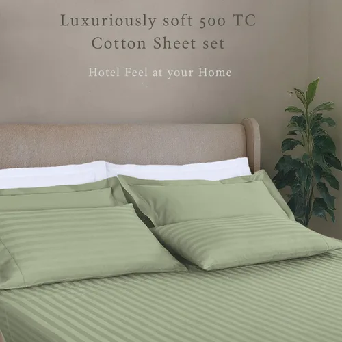 Vista 2 de Threadmill Juego de ropa de cama de algodón de lujo de 500 hilos tamaño matrimonial, 4 piezas, sábanas transpirables color verde salvia con bolsillo