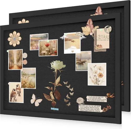 Vista 13 de AKTOP - Juego de 2 pizarras de corcho negro con lino de 16.7" X 11", pequeño tablero de anuncios con marco para pared, tablero decorativo