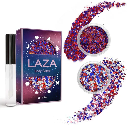 Vista 7 de Laza Purpurina corporal, 2 tarros de lentejuelas gruesas holográficas con pegamento de purpurina, perfecto para mujeres, sombra de ojos, maquillaje