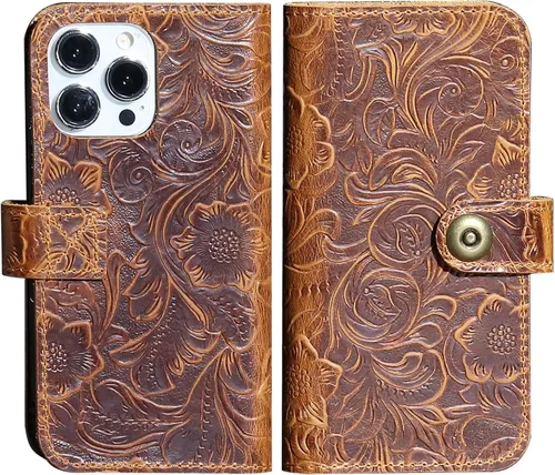 Vista 10 de Funda de cuero compatible con iPhone 16 Pro Wallet de 6.3 pulgadas, protección completa de piel auténtica a prueba de golpes, funda abatible