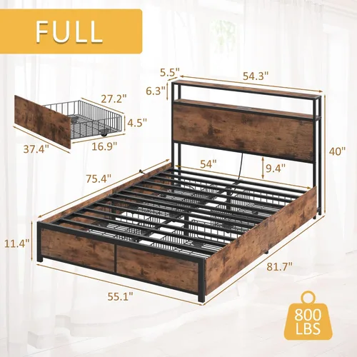 Vista 2 de Lifezone Estructura de Cama Full con Cabecero de Almacenamiento de 2 Niveles, Estructura de Cama de Plataforma de Metal con 4 Cajones de Marrón