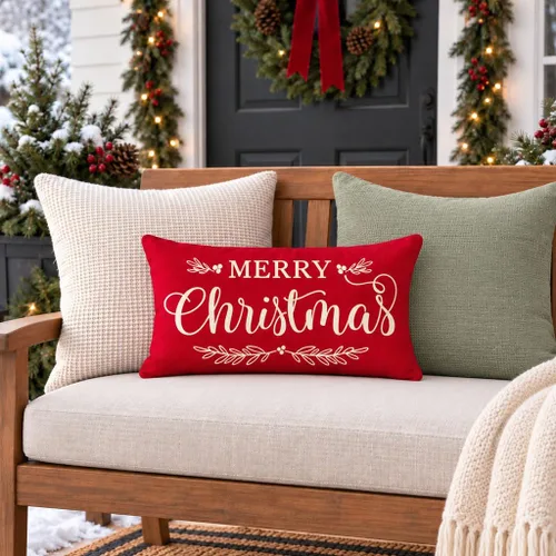 Vista 6 de Fundas de almohada PANDICORN ANDICORN Merry Christmas de 12 x 20 pulgadas, color rojo Rojo navideño