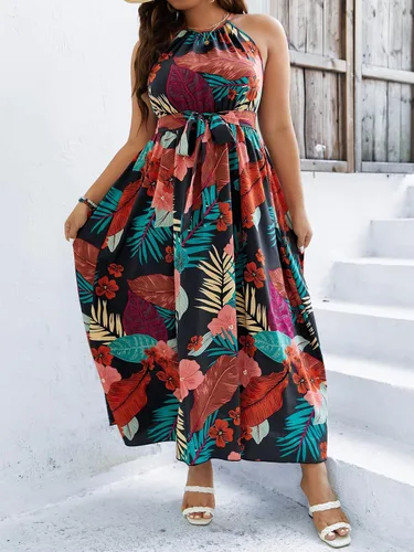 Vista 6 de Floerns Vestido largo de línea A para mujer, talla grande, estilo bohemio, sin mangas, cuello halter, lazo en la espalda