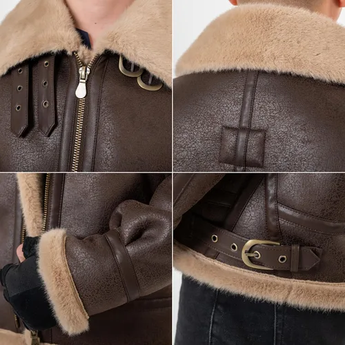 Vista 3 de Chaqueta para hombre, chaqueta de cuero marrón, abrigo de bombardero para motocicleta, disfraz de cosplay, traje de invierno, XS-3XL