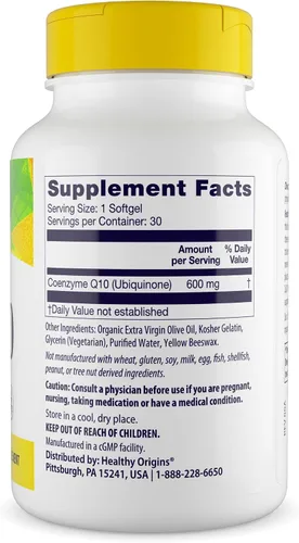 Vista 2 de Healthy Origins® CoQ10 600 mg - Ubiquinona trans-isómera natural - Fermentado con levadura, apoya la salud del corazón y la energía celular - 30
