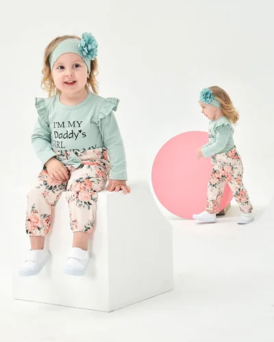 Vista 3 de SUNNY PIGGY Ropa para bebé recién nacida, con volantes, mameluco de algodón floral, conjunto de pantalones de algodón para niñas