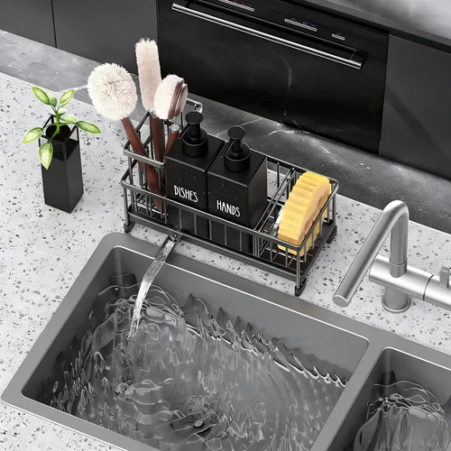 Vista 5 de Cisily Juego de dispensador de jabón de cocina con organizador para fregadero, botella de vidrio de 12 onzas, dispensador de jabón para manos