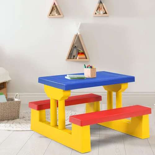 Vista 5 de Costzon Mesa de picnic para niños, mesa y banco para interiores y exteriores con paraguas extraíble, mesa de picnic portátil para niños pequeños
