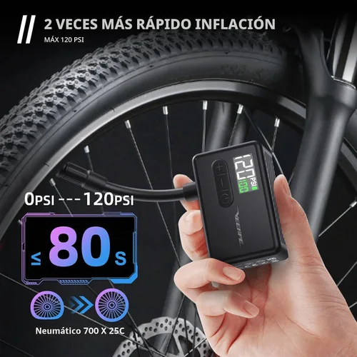 Vista 3 de Tiny Pump Mini Bike Tire Pump - Max 120PSI Portable Electric Bicycle Pump with Fast Inflation Auto Stop - Bicycle Inflator with Presta Schrader