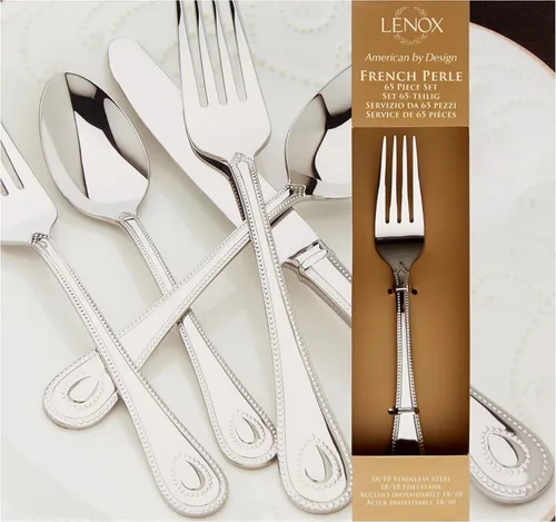 Vista 2 de Juego de Cubiertos Lenox para 12, Juego de Cubiertos French Perle de 65 Piezas con Utensilios para Servir, Servicio para 12, Elegantes Utensilios