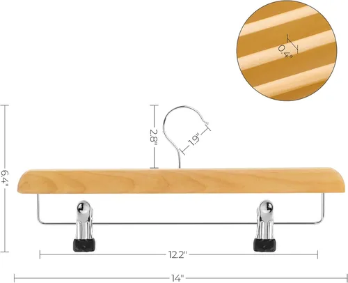 Vista 6 de SONGMICS Perchas de Madera para Pantalones, Paquete de 8 Perchas para Pantalones con Clips de Metal Ajustables Antioxidantes, Gancho Giratorio