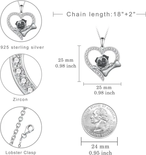 Vista 4 de Feijiesi Collar de carlino de plata de ley 925 con colgante de perro, lindo regalo de joyería de animales para mujeres, niñas, amantes