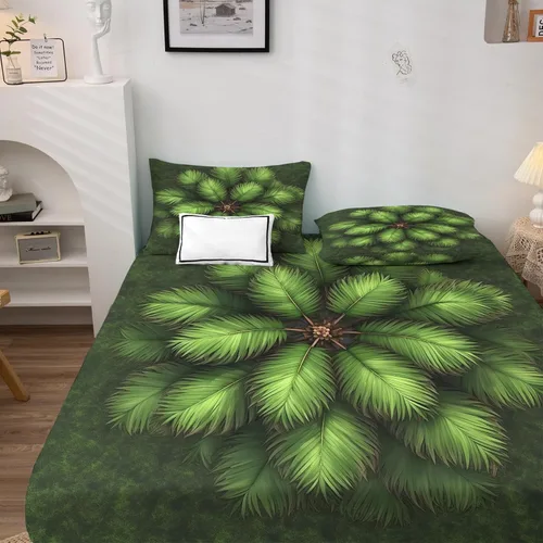 Vista 2 de Juego de sábanas de 3 piezas con diseño de palmera de hojas verdes, sábanas y fundas de almohada estampadas, sábana bajera ajustable de microfibra