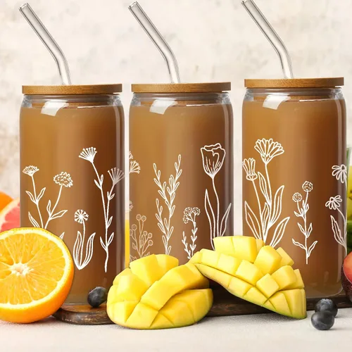 Vista 7 de Zubebe 8 vasos de cerveza con diseño de flores silvestres con tapas y vasos florales de pajita, taza de café helado bohemia, lindo vaso de café