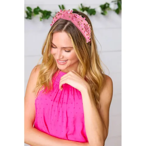 Vista 4 de Diadema rosa con lazo de esperanza de cristal y perla, diadema anudada para concientización sobre el cáncer de mama, accesorios para el cabello