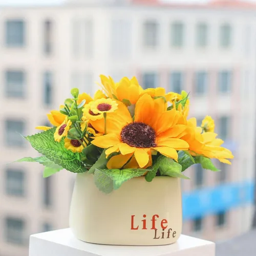 Vista 8 de HOMSFOU Planta simulada de girasol en maceta, 2 piezas, decoración de bonsái artificial para interiores para sala de estar, centro de mesa