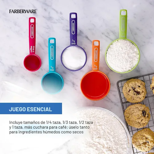 Vista 4 de FARBERWARE Juego de 5 tazas medidoras con cuchara para café, tazas medidoras anidables de plástico duraderas con marcas de fácil lectura, sin BPA
