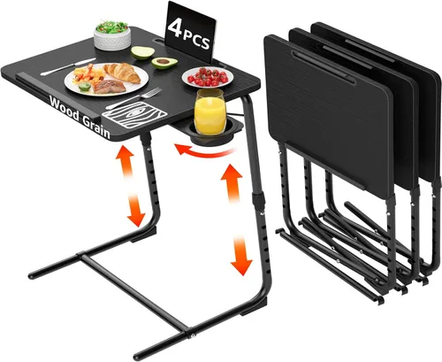 Vista 9 de Bandeja de TV ajustable para cena negra, bandejas plegables para comer en el sofá, mesas de madera, soporte mate, escritorio plegable con portavasos