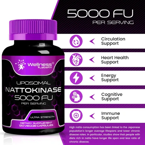 Vista 6 de Cápsulas de suplemento de nattoquinasa 5000 FU, nattoquinasa probada por terceros - Enzimas de Natto japonés - Apoyo diario de bienestar - 120