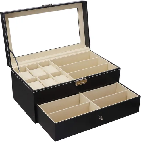 Vista 3 de Caja de reloj de cuero y gafas de sol organizador y caja de exhibición de joyas cajón con cerradura organizador negro