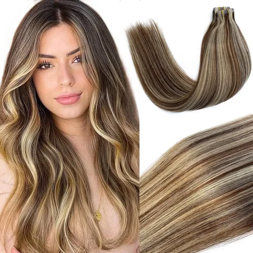 Vista 18 de Ubetta Extensiones de cabello humano real con cinta, 20 piezas de doble cara con trama de piel, extensiones de cabello Remy invisible, con cinta