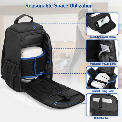 Vista 3 de Bolsa de transporte de almacenamiento compatible con Oculus Meta Quest 2/Quest 3/Quest 3S/Quest Pro/VR Elite correa y controlador, mochila de viaje