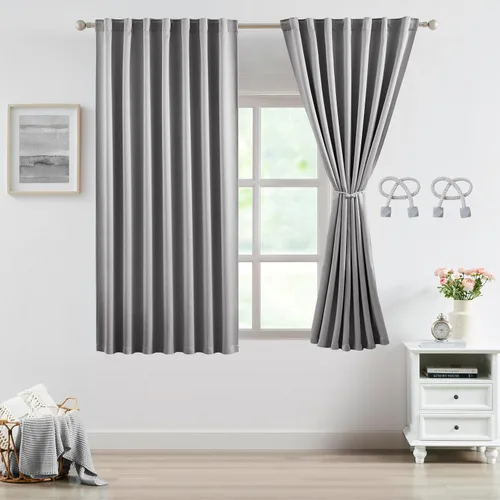 Vista 18 de Bujasso Cortinas de jacquard negras con bolsillo para barra, pestaña trasera y lazos de lujo, cortinas aisladas térmicamente para oscurecer
