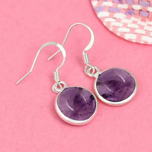 Vista 2 de Natural Gemstone Round Shape Silver Plated Dangle Earrings for Women Amatista