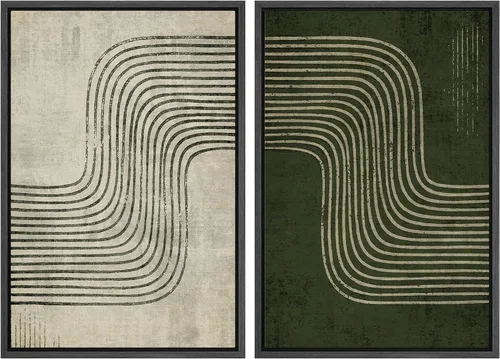 Vista 129 de Ashbrook - Set de arte de pared en lienzo enmarcado, tonos orgánicos de la tierra en beige y marrón con ilustraciones de trazos circulares, arte