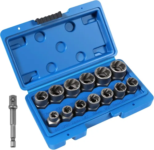 Vista 8 de Kit de extractor de pernos de 13 piezas, extracción de tuercas desnudas, juego de llaves extractoras de tornillos de 3/8 pulgadas, SAE y métrico