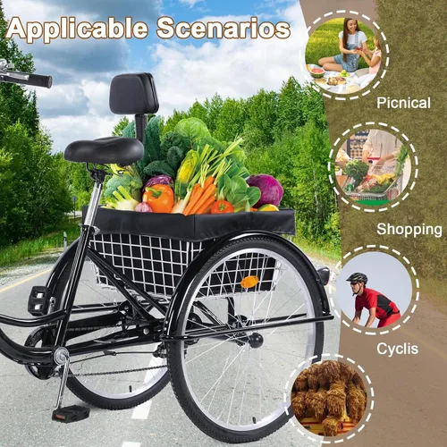 Vista 5 de Triciclo para adultos de 26 pulgadas, bicicletas de 7 velocidades y 3 ruedas, asiento grande con respaldo, triciclo para adultos con cestas
