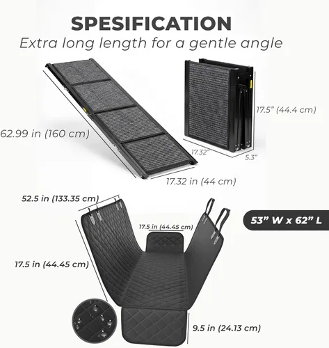 Vista 2 de Paquete de rampa para perros para viaje en automóvil, rampa plegable antideslizante de 63 pulgadas + funda de asiento trasero impermeable + 15