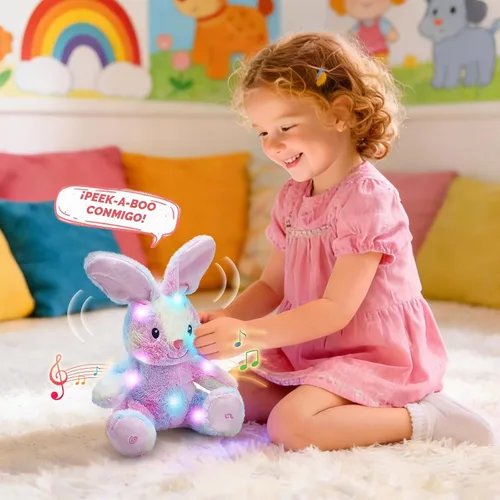 Vista 5 de Glow Guards Peek-a-Boo - Peluche de conejo de 10 pulgadas, juguete de peluche de conejo arcoíris que canta, juguetes de peluche interactivos