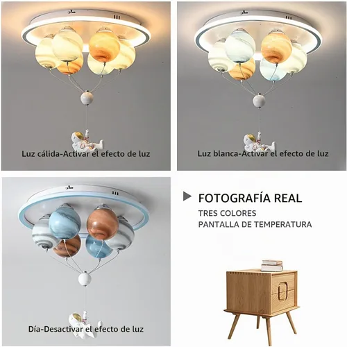 Vista 4 de Lámpara LED moderna de astronauta de dibujos animados, pantalla de cristal de estrella de 6 luces con cable ajustable, luz de techo empotrada