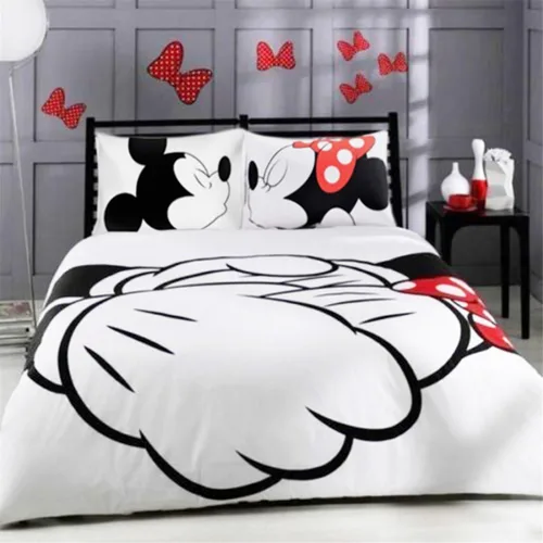 Vista 9 de 100% algodón para niños, reversible, estampado de Mickey Mouse para parejas, juego de ropa de cama de 2 piezas con cierre de cremallera, individual