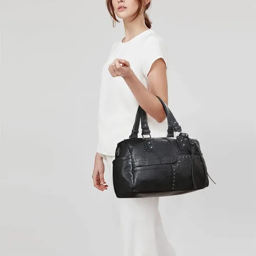 Vista 2 de Dasein Bolso para mujer de cuero vegano suave, diseño de barril, grande, tipo "hobo", con asa superior, bolso de trabajo, de mano, de hombro