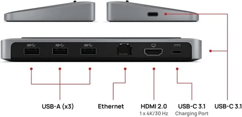 Vista 6 de Brydge Stone II Estación de acoplamiento USB Hub Compatible con MacOS y Windows Pantalla 4K única. Salida HDMI. Velocidades USB-C. 7 puertos