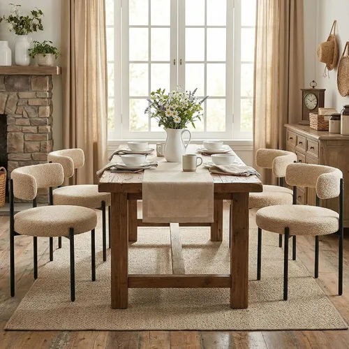 Vista 3 de Juego de 2 sillas de comedor Boucle, sillas de comedor beige con asiento tapizado y respaldo redondo, sillas de cocina modernas de mediados de siglo