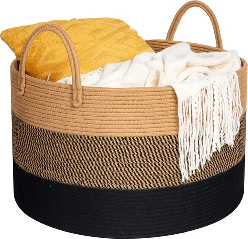 Vista 9 de MINTWOOD Design Cesta decorativa extragrande de 22 x 14 pulgadas de cuerda de algodón tejida para sala de estar con asas largas, cesta de lavandería