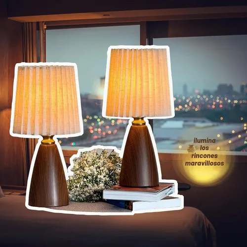 Vista 6 de Juego de 2 lámparas de mesa plisadas pequeñas para dormitorio, mini lámparas de noche para mesita de noche con pantalla redonda de lino de tela