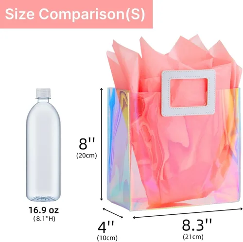 Vista 8 de VUOJUR 2 bolsas de regalo pequeñas reutilizables de 8.3 pulgadas con papel de seda - Coral e iridiscente