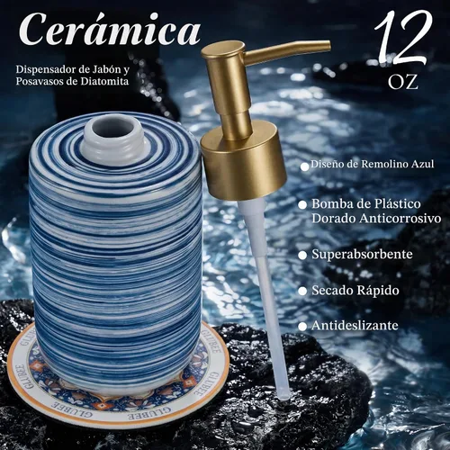 Vista 5 de Juego de dispensador de jabón de cerámica, dispensador de jabón compacto recargable para manos y platos para baño y cocina, tapete absorbente