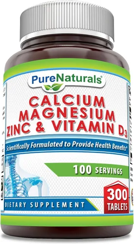 Vista 5 de Pure Naturals Suplemento de calcio y magnesio y zinc con vitamina D3 Calcio 1000 mg, magnesio 400 mg, zinc 25 mg, vitamina D3 600 UI Sin OMG