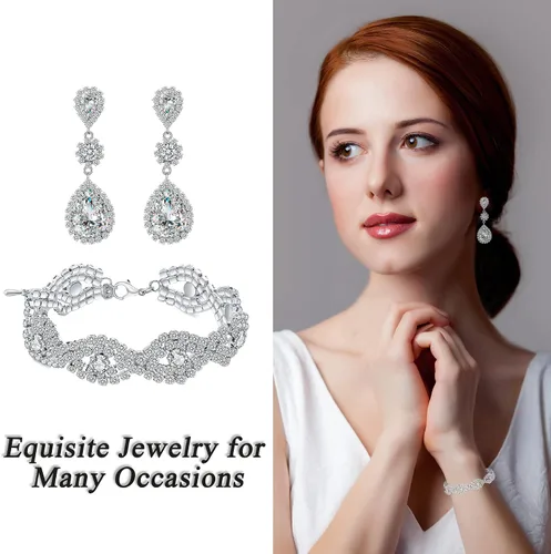 Vista 4 de Juego de aretes de diamantes de imitación de plata chapados en oro para boda, novias, damas de honor, piedra de cristal, aretes colgantes, juego