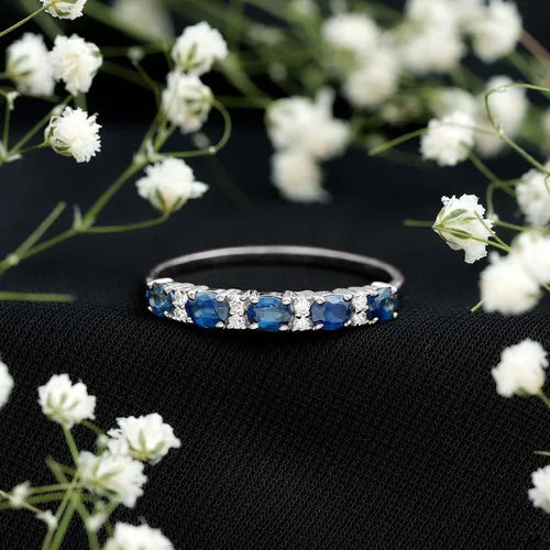 Vista 3 de Natural Blue Sapphire Diamond Wedding Band, AAA Quality, Blue Sapphire East West Ring For Women - Ideal For Gift