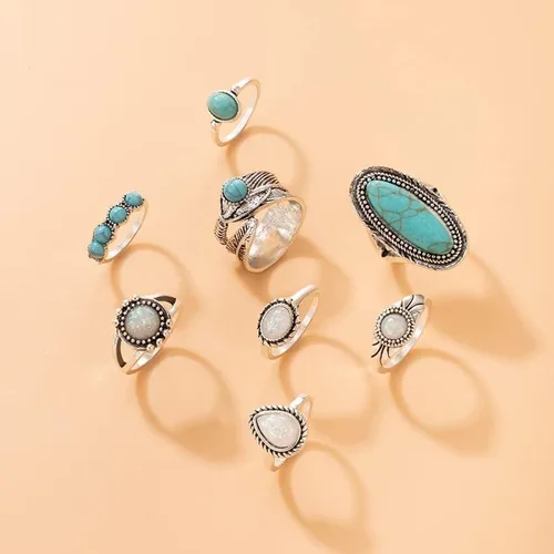 Vista 6 de Airvess Juego de anillos vintage para nudillos, anillos apilables de turquesa gruesa, anillos apilables de plata para los dedos, joyería bohemia