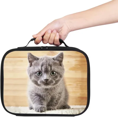 Vista 2 de Lexin Bolsa de almuerzo portátil con estampado de animales de gato lindo sin correa para el hombro, lonchera aislada reutilizable, bolsa enfriadora
